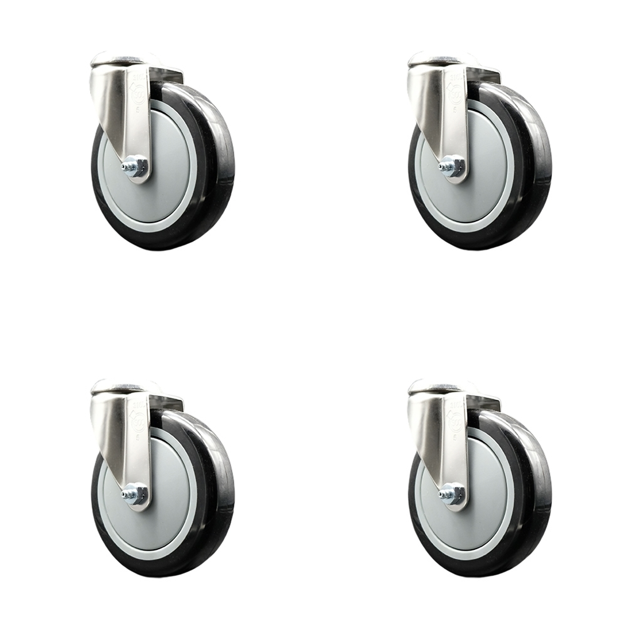 Service Caster, 5in. x 1 1/4in. Stem Casters, Wheel Diameter 5 in, Caster Type Swivel, Package (qty.) 4, Model# SCC-SS316BH20S514-PPUB-BLK-4